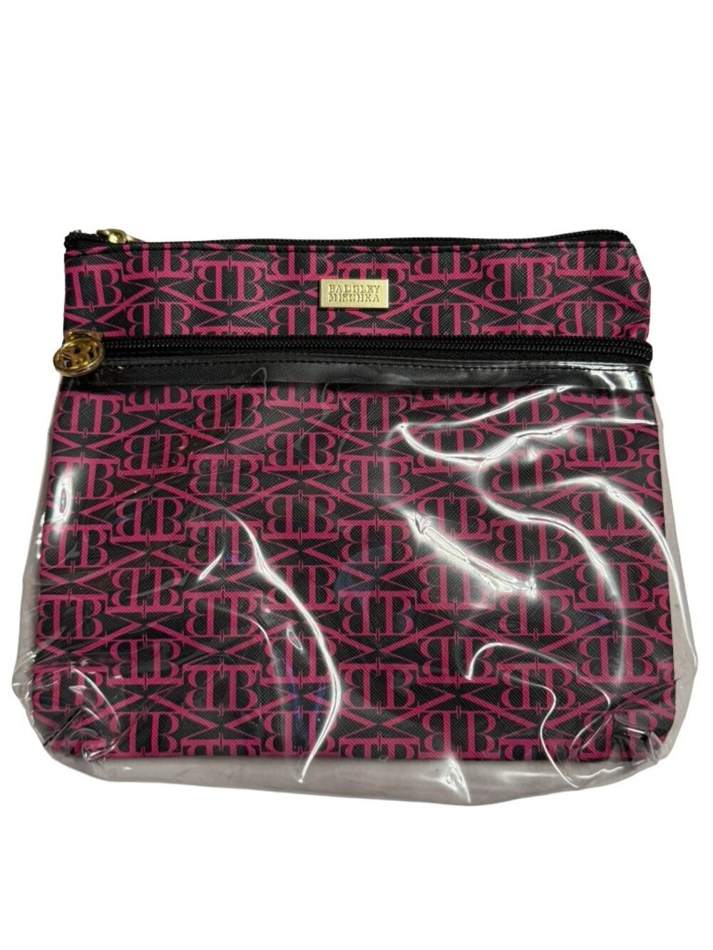 Badgley Mischka Pink Black BM Monogram Clear Cosmetic Travel Bag Double Zip 8"